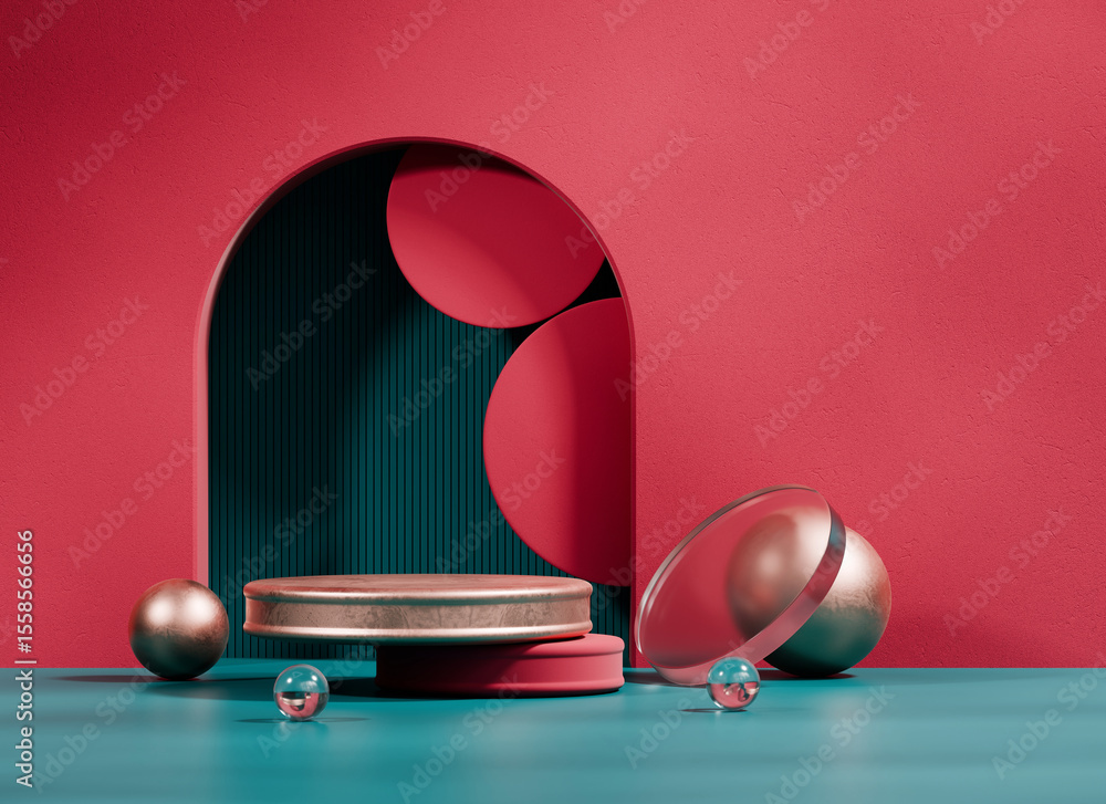Poster minimal red and green podium platform for product display advertising 3d rendering