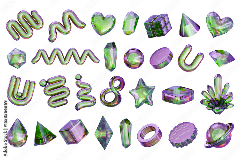 Poster holographic green and purple object set pack isolated background 3d rendering