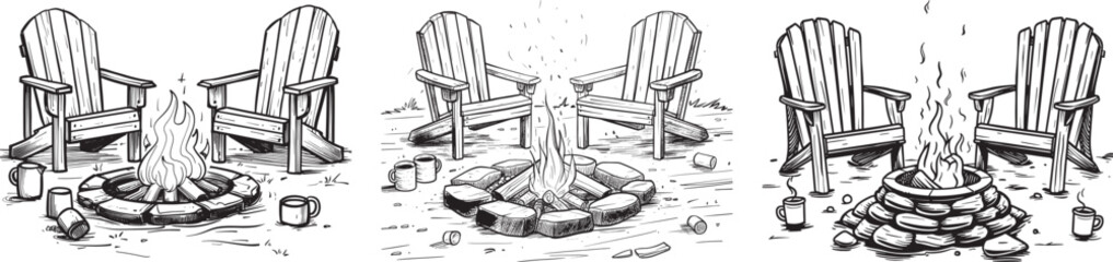 Campfire Scene Vector Illustration with Adirondack Chairs