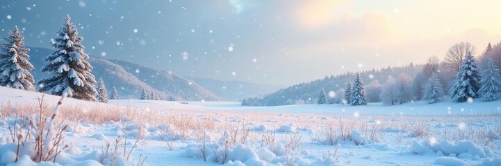 Serene Winter Snowfall Blanketing a Tranquil Snow-Covered Field, Perfect for Holiday or Nature Themes