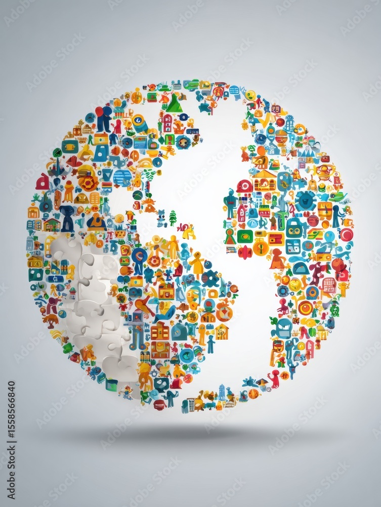 Poster diverse icons create a vibrant globe symbolizing inclusion and unity