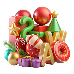 christmas balls and decorations, 3d cartoon ,isolated on transparent white background