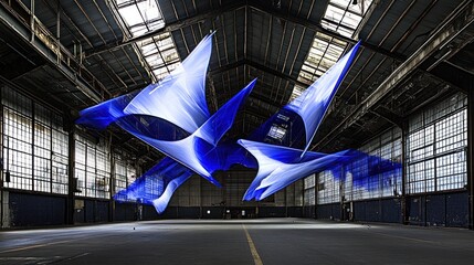 Abstract Blue Light Sculptures Soaring in Industrial Warehouse Space