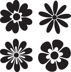 Four Black and White Floral Silhouettes Simple Flower Designs Botanical Vector Icons Graphic Elements Set