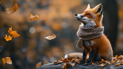 Fototapeta premium Cozy fox in autumn watching leaves float by