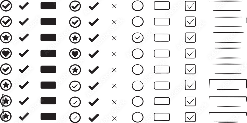 Poster checkmark icons black and white simple vector graphics set with various symbols