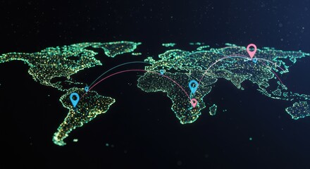 Glowing World Map Network with Location Pins and Connection Arcs, Global Digital Network and Connection Concept on a World Map with Illuminated Nodes