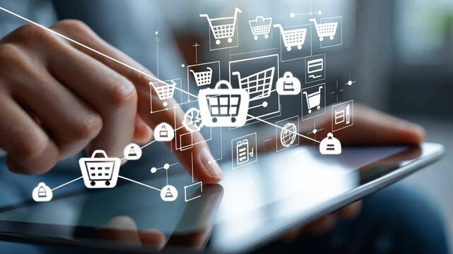 Digital Shopping: A person skillfully navigates an online store on a sleek tablet, seamlessly blending the physical and digital realms of modern commerce.