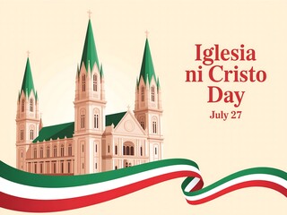 Illustration of iglesia ni cristo day with church building and ribbon decoration