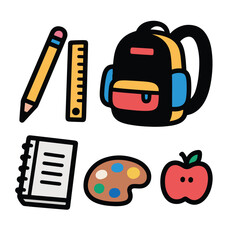 Vector art of colorful school supplies and art equipment isolated on white background