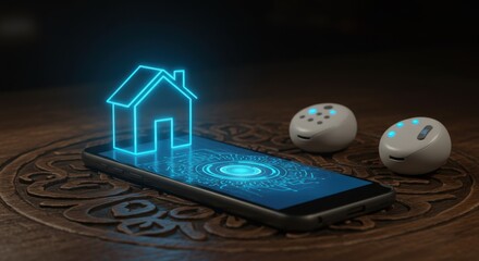 Smart Home Tech: A Neon House Icon on a Phone, Futuristic Home Automation Concept , Digital Home Control: Smartphone with a Glowing House and Smart Devices