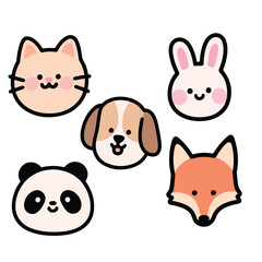 Vector art of collection of adorable animal faces including a cat rabbit dog panda and fox isolated on white background