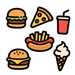 Vector art of assortment of fast food icons including a burger pizza drink hotdog and ice cream isolated on white background