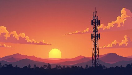 Obraz premium Una moderna torre celular recortada contra un cielo naranja y morado al atardecer, con montañas distantes apenas visibles