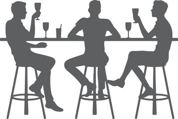 Fototapeta premium Three Gray Silhouettes of People Sitting at a Bar Counter Drinking from Glasses vector
