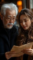 An elderly man and a young woman reading a book together