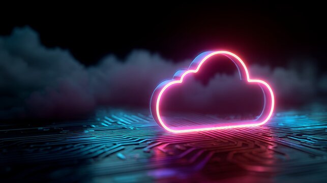 Glowing cloud icon with vibrant neon colors resting atop an intricate circuit board design signifying cloud computing.