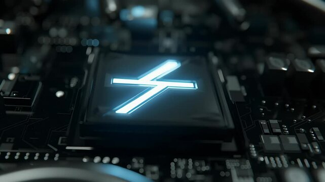Glowing GPU Logo on a Mining Rig Close-Up