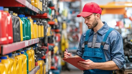 Mechanic at Work: A focused mechanic, clad in a practical uniform and cap, meticulously reviews inventory in an automotive parts store, showcasing professional efficiency and diligence.