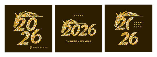 The card set features golden glitter designs for 2026, showing a zodiac horse head. A festive greeting for the Chinese New Year, it reflects Asian charm and Chinese traditions in Asia.