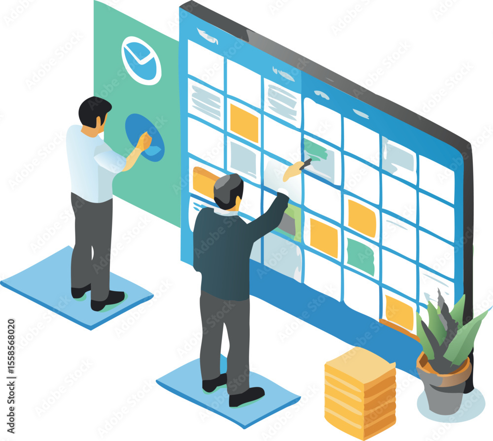 Aufkleber two people interacting with a large digital calendar and a clock interface in an isometric view