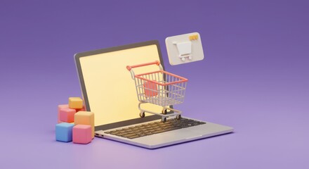 Online Shopping Concept: Laptop with Shopping Cart and Cubes on Purple Background, E-commerce Illustration with Laptop and Floating Shopping Cart Icon