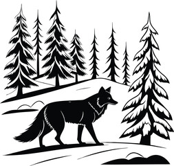 Silhouette of a wolf walking in snowy forest with pine trees