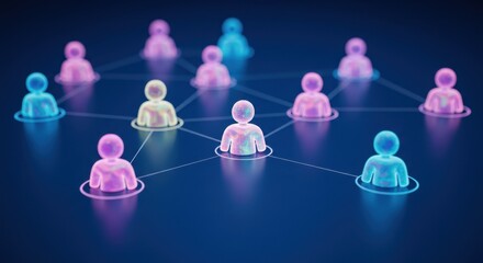 Network of Connected People Represented as Glowing 3D Figures, Abstract Representation of Social Networking Connections and Relationships in Business