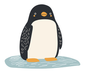 Adorable minimalist vector of a penguin standing on turquoise ice, featuring a speckled wing, orange beak and feet in muted navy and cream tones. Ideal for children’s decor, holiday cards, web.