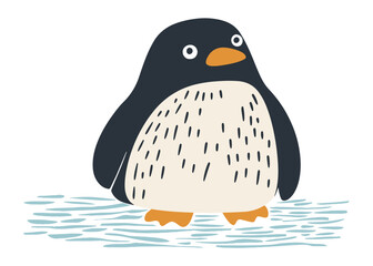 Adorable minimalist vector of a penguin standing on icy water, featuring a navy-and-cream body with orange beak and feet. Evokes playful winter charm for children’s decor, holiday cards, web and print