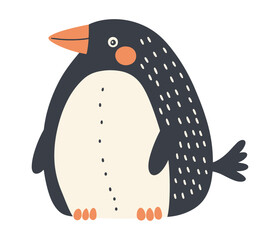 Whimsical minimalist vector of a round penguin with orange beak, rosy cheeks, and dotted side texture in muted gray and cream tones. Perfect for children’s decor, holiday cards, web banners.