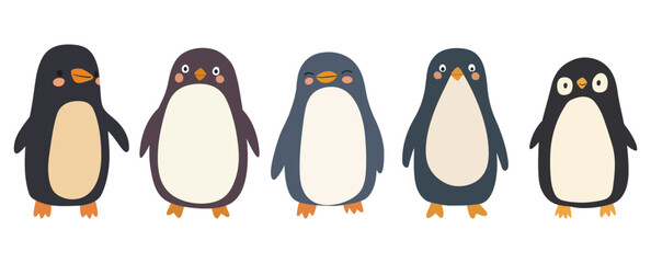 Vector illustration of five minimalist cartoon penguins in muted navy, brown, blue-gray, and cream tones with rosy cheeks and varied expressions. Charming design for children’s decor, holiday cards.