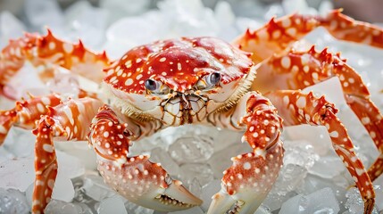 Close-up of a king crab with massive legs and spiky shell, placed on a rocky seashore or in a seafood market, showcasing its vibrant red color and fresh appearance