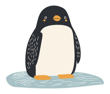 Adorable minimalist vector of a penguin standing on turquoise ice, featuring a speckled wing, orange beak and feet in muted navy and cream tones. Ideal for children&rsquo;s decor, holiday cards, web.