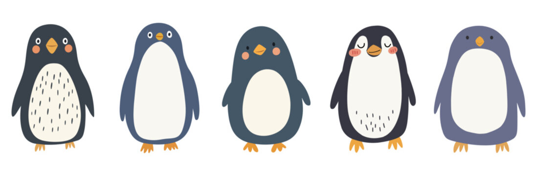 Set of five minimalist cartoon penguin vectors in muted blue, gray, and white tones with rosy cheeks and playful poses. Perfect for children&rsquo;s decor, holiday and winter cards, web banners.