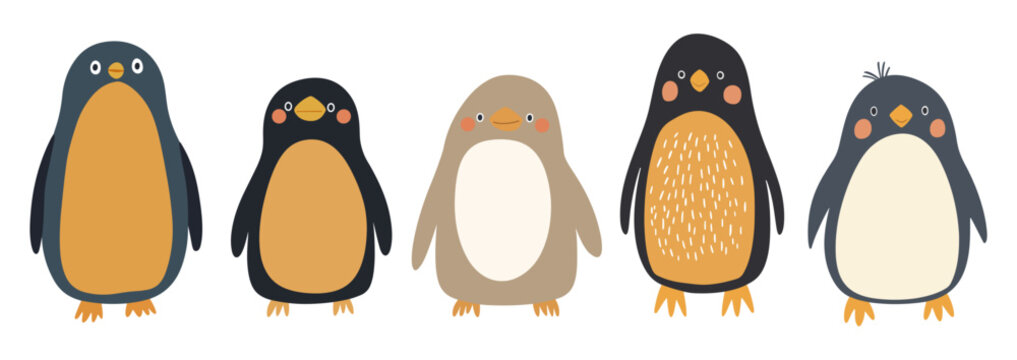 Set of five minimalist cartoon penguin vectors in muted blue, gray and mustard tones, featuring rosy cheeks and playful poses. Ideal for nursery decor, holiday cards, web banners.