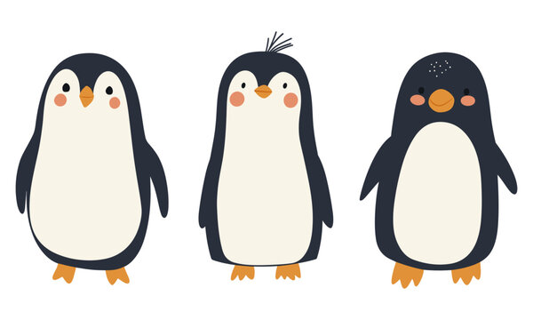 Three minimalist penguin vectors with rosy cheeks in navy, cream, and orange tones. Charming and playful design ideal for children&rsquo;s decor, holiday cards, winter branding, and web graphics.