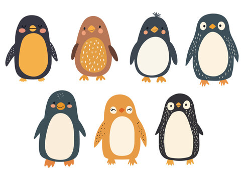Charming vector illustration of eight whimsical penguin characters in muted black, gray, brown and orange tones with rosy cheeks and simple spot textures. Perfect for children&rsquo;s decor, greeting cards,