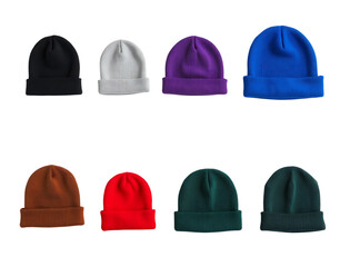 Seven knitted beanies in black white purple blue brown red green winter hat headwear