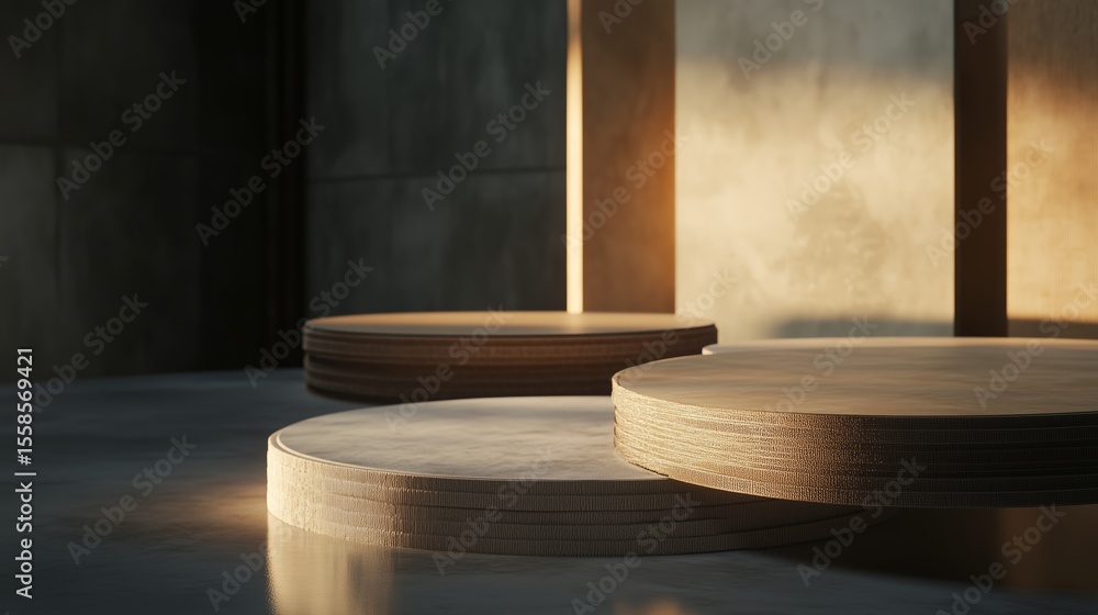 Poster circular wooden structures catch light in modern space with textured walls during golden hour