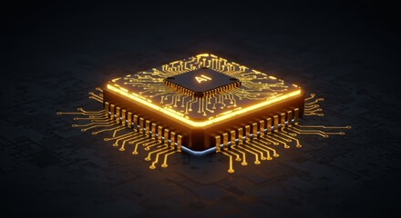Futuristic Glowing Microchip with AI Logo on a Dark Surface, Advanced Technology and Artificial Intelligence Concept