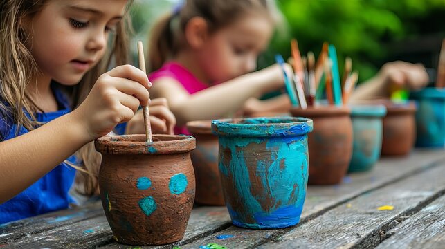 Two young girls, one with long brown hair, paint colorful flower pots outdoors on a sunny day, enjoying a creative activity.