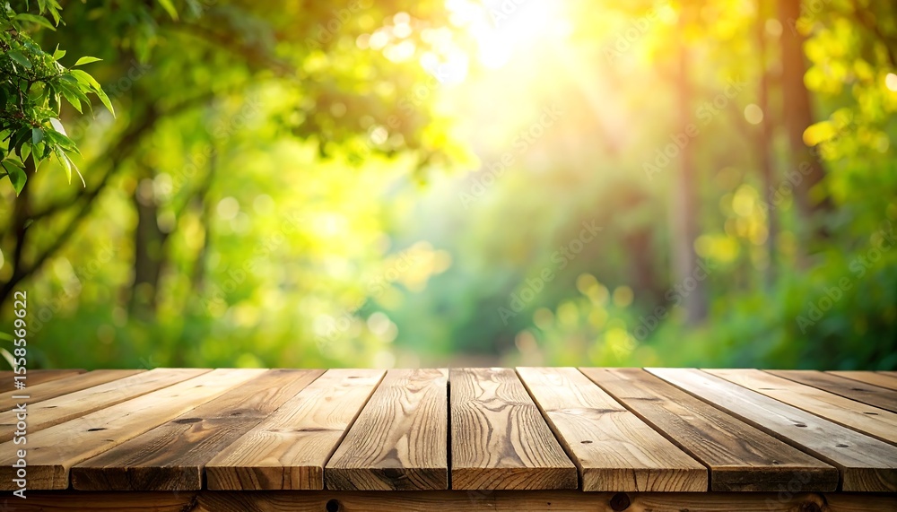 Poster empty wooden table in sunny forest with bokeh background with nature summer.