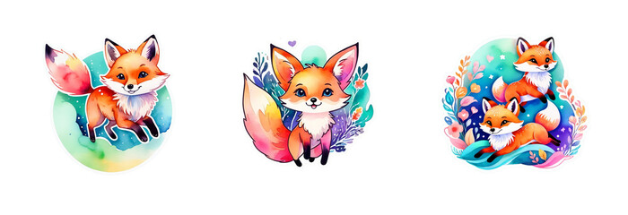 Fototapeta premium Cute colorful cartoon fox with floral background