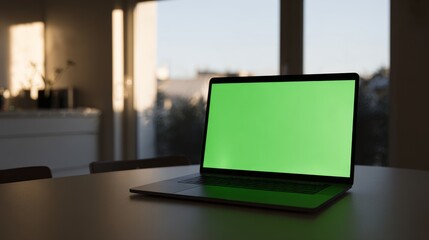 Modern laptop with a vibrant green screen displayed on a desk, perfect for showcasing website design or advertisement mockup.