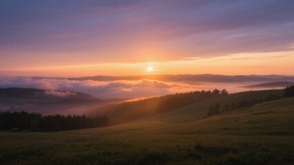 the sky fades from light purple to orange - yellow. The sun behind the clouds emits radiant light, while the hills and grassland below are faintly visible in the afterglow, creating a quiet, warm and 