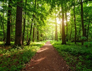 Fototapeta premium High-resolution summer forest trail with filtered sunlight through green leaves, slight haze in the air