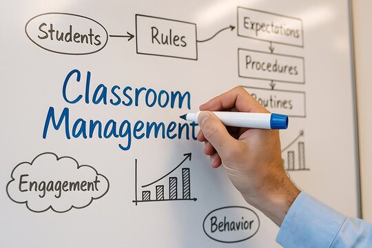 A hand draws a flowchart on a whiteboard outlining the elements of classroom management techniques.