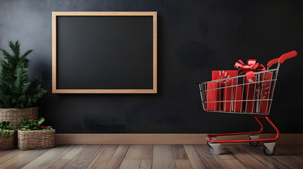 Shopping cart full of red gifts next to blank blackboard. Room for promotion text or graphics.