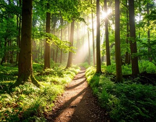 High-resolution summer forest trail with filtered sunlight through green leaves, slight haze in the air